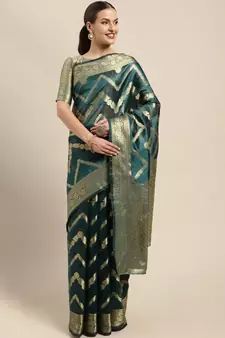 Dark green woven organza saree with blouse