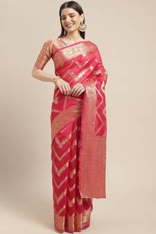 Pink Woven Organza Saree With Blouse