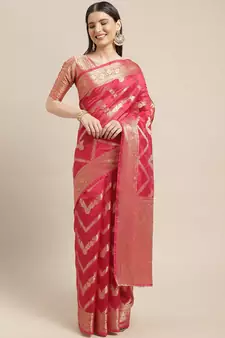 Pink Woven Organza Saree With Blouse