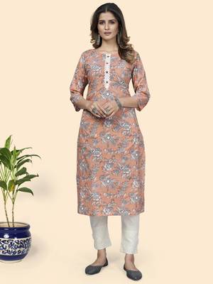 Vbuyz Women'S Floral Print Straight Cotton Peach Stitched Kurta 1