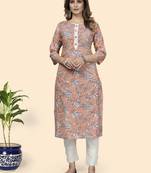 Vbuyz Women'S Floral Print Straight Cotton Peach Stitched Kurta