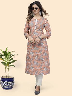 Vbuyz Women'S Floral Print Straight Cotton Peach Stitched Kurta 2