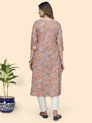 Vbuyz Women'S Floral Print Straight Cotton Peach Stitched Kurta 3