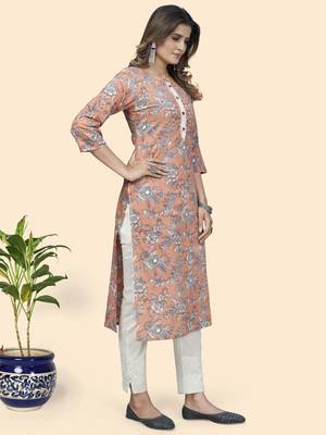 Vbuyz Women'S Floral Print Straight Cotton Peach Stitched Kurta 5