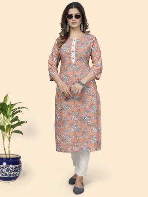Vbuyz Women'S Floral Print Straight Cotton Peach Stitched Kurta 8