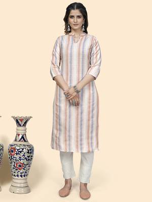 Vbuyz Women'S Striped Print Straight Cotton Blend Peach Stitched Kurta 1