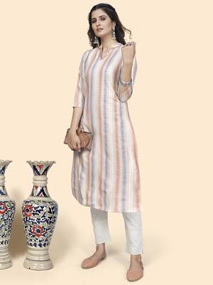 Vbuyz Women'S Striped Print Straight Cotton Blend Peach Stitched Kurta 2