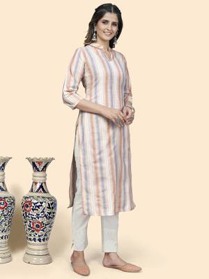 Vbuyz Women'S Striped Print Straight Cotton Blend Peach Stitched Kurta 5