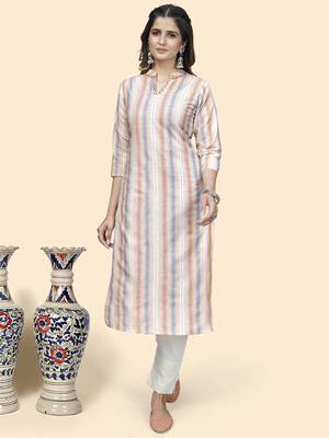Vbuyz Women'S Striped Print Straight Cotton Blend Peach Stitched Kurta 8