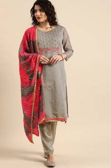 Grey Hand Work Modal Chanderi unstitched Long Length Kameez Pant silk salwar suit