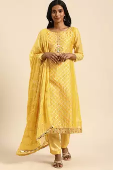 Yellow Gota Work Modal Chanderi unstitched Long Length Kameez Pant silk salwar suit
