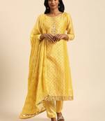 Yellow Gota Work Modal Chanderi unstitched Long Length Kameez Pant silk salwar suit
