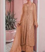 Brown Designer Heavy Embroidery Work Faux Georgette unstitched Long Length Kameez Plazzo silk salwar suit