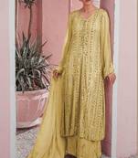 Yellow Designer Heavy Embroidery Work Faux Georgette unstitched Long Length Kameez Plazzo wedding wear salwar suit