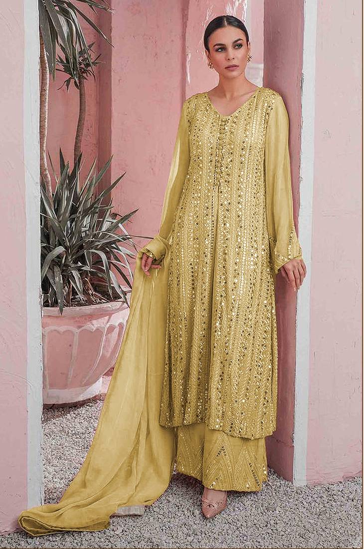 Yellow Designer Heavy Embroidery Work Faux Georgette unstitched Long Length Kameez Plazzo wedding wear salwar suit