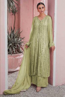 Pista Designer Heavy Embroidery Work Faux Georgette unstitched Long Length Kameez Plazzo wedding wear salwar suit 1