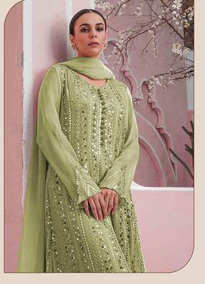 Pista Designer Heavy Embroidery Work Faux Georgette unstitched Long Length Kameez Plazzo wedding wear salwar suit 2