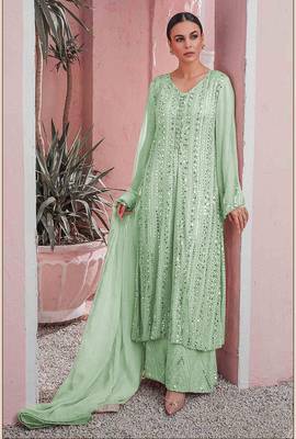 Green Designer Heavy Embroidery Work Faux Georgette unstitched Long Length Kameez Plazzo wedding wear salwar suit 1