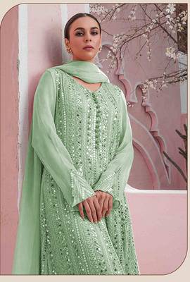 Green Designer Heavy Embroidery Work Faux Georgette unstitched Long Length Kameez Plazzo wedding wear salwar suit 2