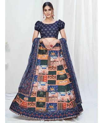 Unique Blue Digital Printed Banglori Silk Lehenga Choli 1