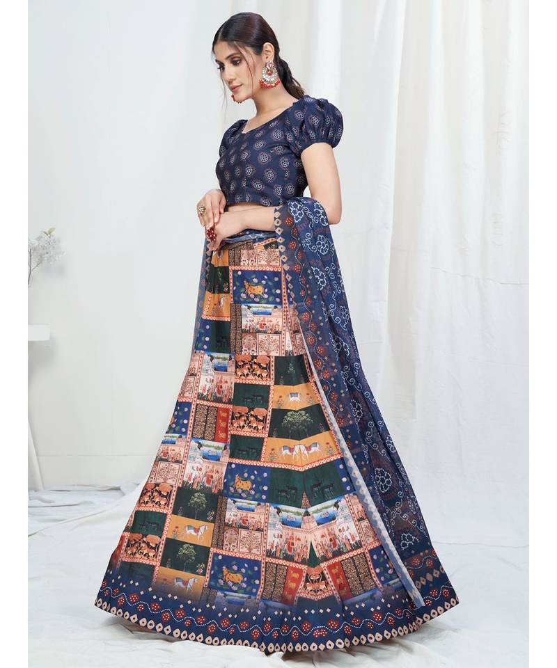Unique Blue Digital Printed Banglori Silk Lehenga Choli