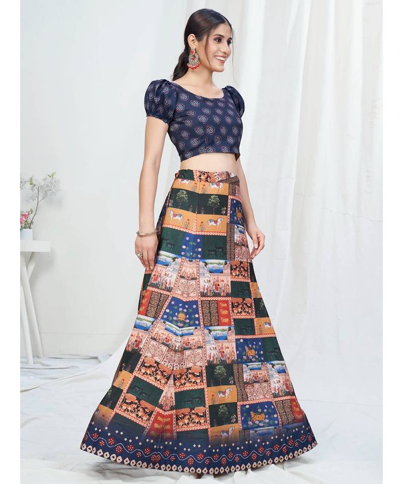 Unique Blue Digital Printed Banglori Silk Lehenga Choli