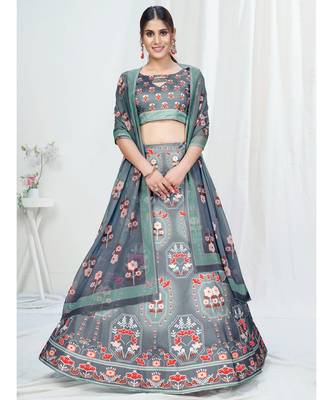 Dove Grey Digital Printed Banglori Silk Lehenga Choli 1