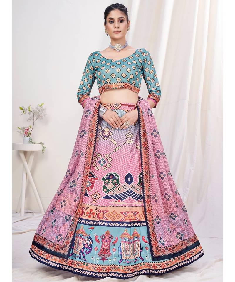 Pink or Grey Digital Printed Banglori Silk Lehenga Choli