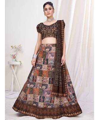 Brown Digital Printed Banglori Silk Lehenga Choli 1