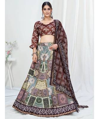 Brown or Multi Digital Printed Banglori Silk Lehenga Choli 3