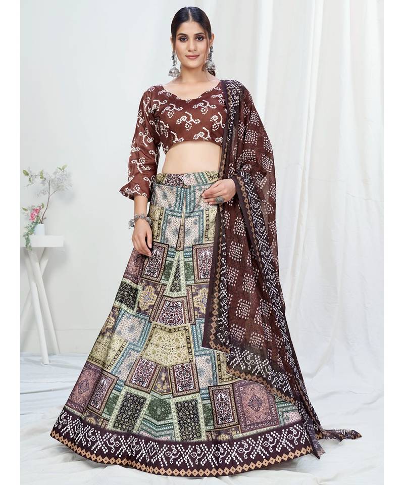 Brown or Multi Digital Printed Banglori Silk Lehenga Choli