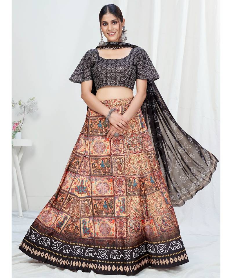 Cream or Black Digital Printed Banglori Silk Lehenga Choli