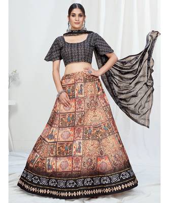 Cream or Black Digital Printed Banglori Silk Lehenga Choli 1