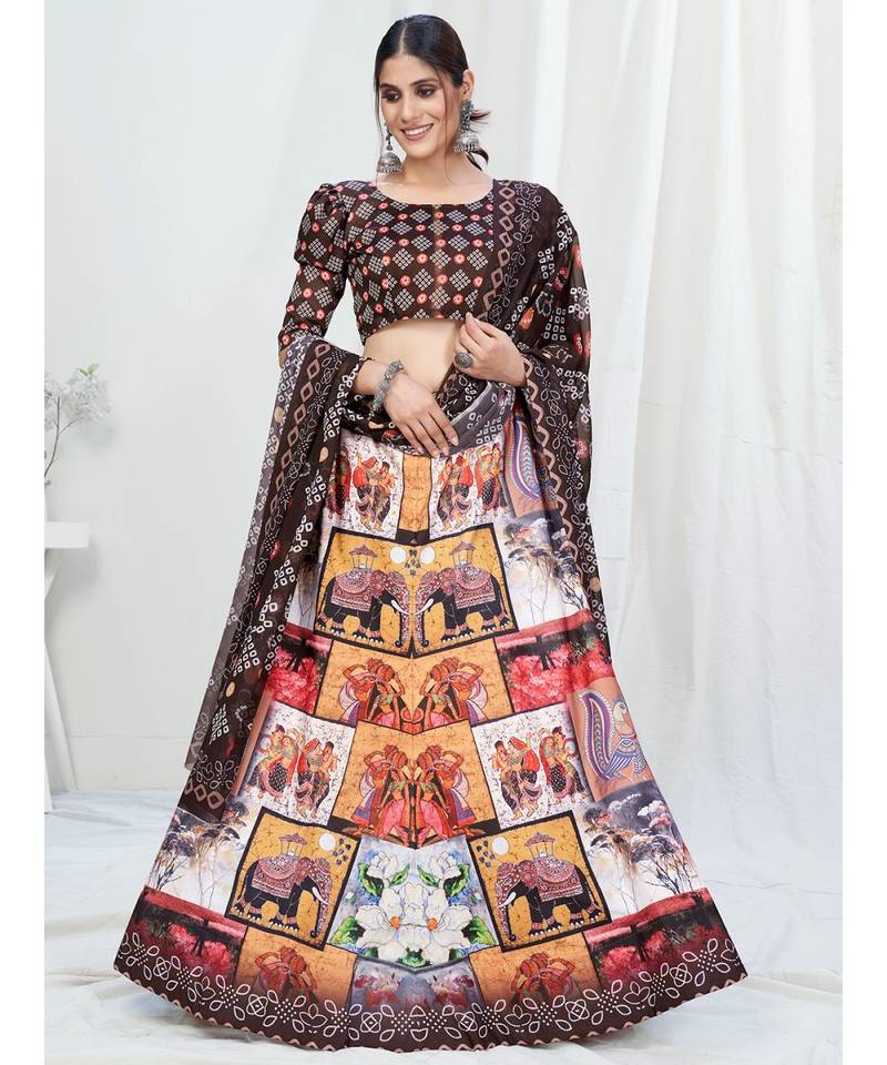 Antique Brown Digital Printed Banglori Silk Lehenga Choli