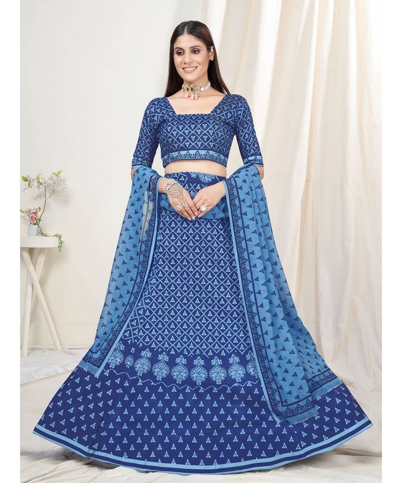 Sapphire Blue Digital Printed Banglori Silk Lehenga Choli