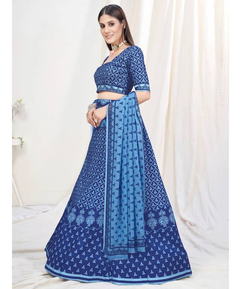 Sapphire Blue Digital Printed Banglori Silk Lehenga Choli