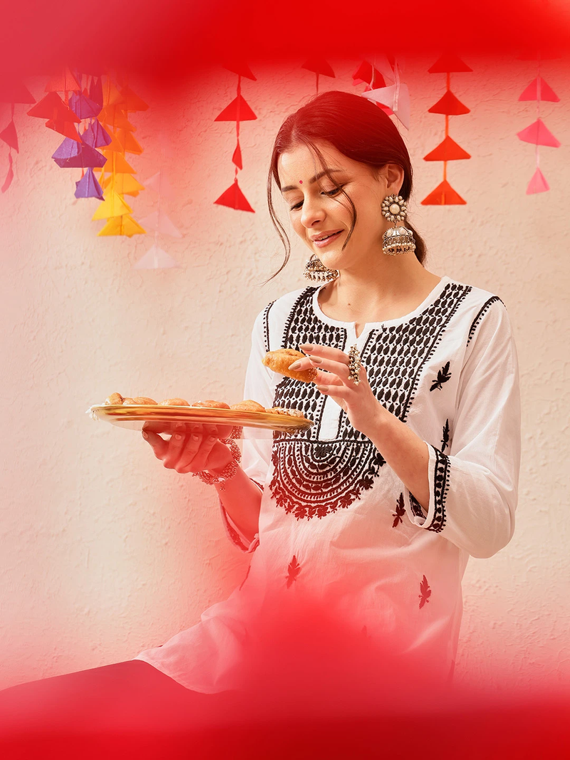 Cotton White Embroidered Chikankari Quarter Sleeve Short Kurti