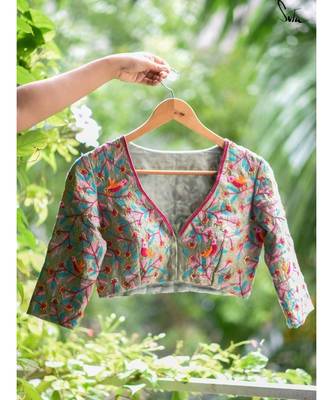 Suta Green Cotton Satin Embroidered Blouse 3