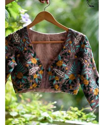 Suta Brown Cotton Satin Embroidered Blouse 1