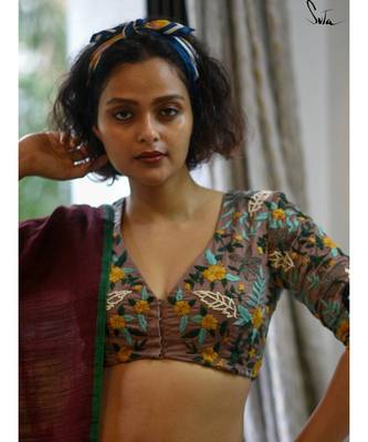 Suta Brown Cotton Satin Embroidered Blouse 5