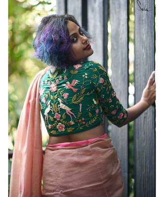 Suta Green Cotton Satin Embroidered Blouse 2