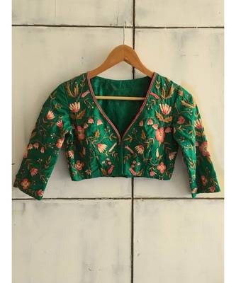 Suta Green Cotton Satin Embroidered Blouse 3