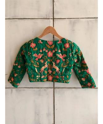 Suta Green Cotton Satin Embroidered Blouse 5