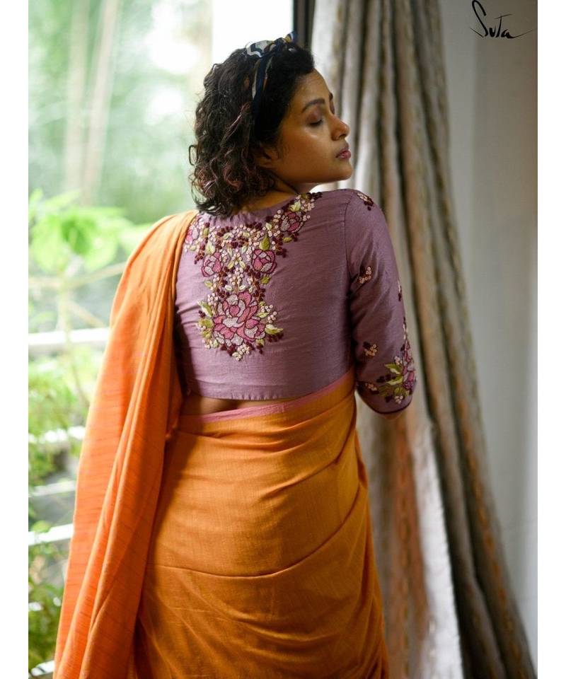 Suta Lavender Coloured Cotten Satin Hand Embroidered Blouse