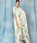 White Printed Linen Saree With Blouse