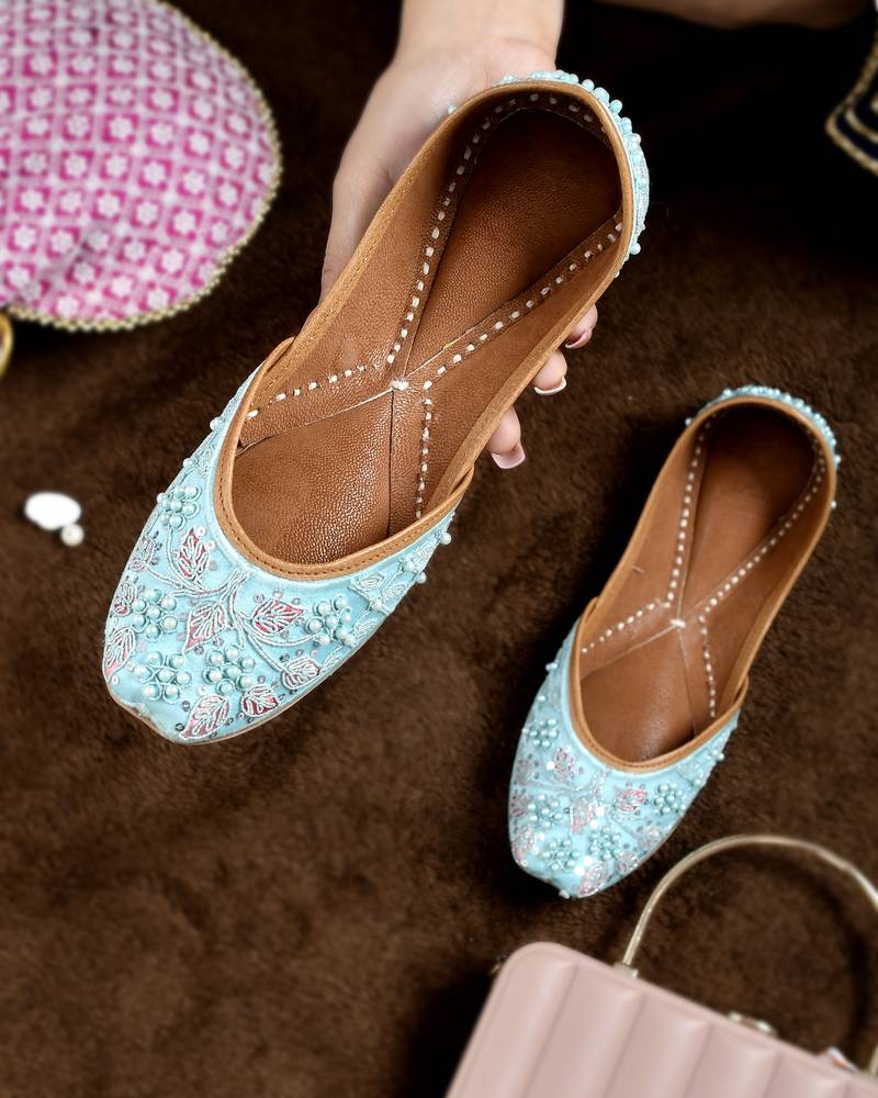 Purely Lush Light Blue Embroidered Pearl Mojari