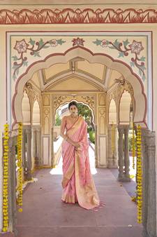 Pink woven silk saree with blouse