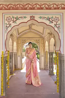 Pink woven silk saree with blouse