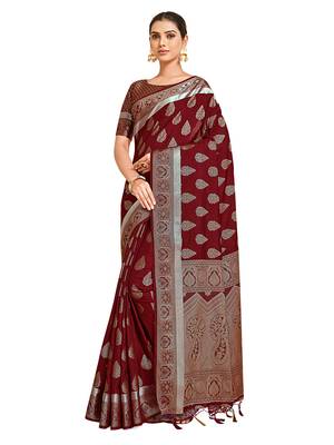 Maroon woven art silk saree with blouse 2