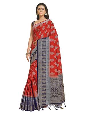 Red woven art silk saree with blouse 2